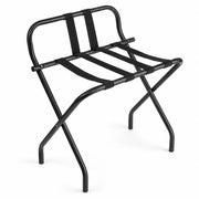 Glownary Folding Luggage Rack, Black Metal with Guard Rail, 26.75x17.5x28.75 Inches, 132 lb Capacity, Nylon Straps