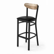 Glownary Boomerang Bar Stool, Black Metal Frame with Black Vinyl Seat, Driftwood Back, Mid-Century Style, 43.38 Inch Height, Indoor Commercial Use, 330 lb Capacity