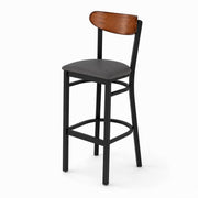Glownary Boomerang Bar Stool, Black Steel Frame, Dark Gray Vinyl Seat, Antique Walnut Back, 43.38 Inch Height, Mid-Century Style, 330 lb Capacity, Indoor Use