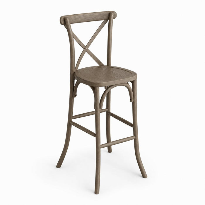 Glownary Vineyard Cross Back Bar Stool, Whiskey Brown Ashwood, 46 Inch Height, Stackable, Traditional Style, 300 lb Capacity, Indoor Use