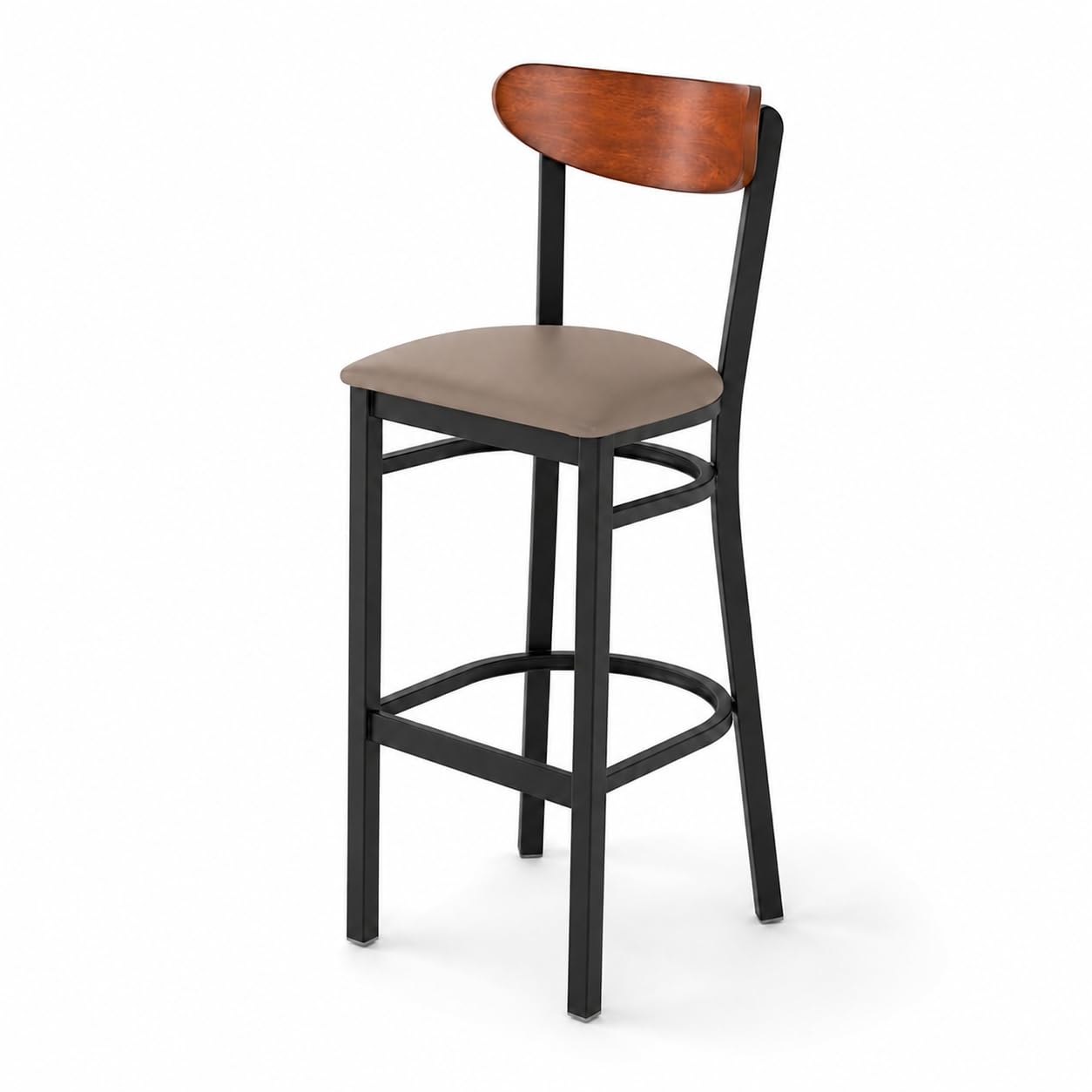 Glownary Boomerang Bar Stool, Black Steel Frame with Taupe Vinyl Seat, Antique Walnut Wood Back, 43.38 Inch Height, Mid-Century Style, 330 lb Capacity, Indoor Use