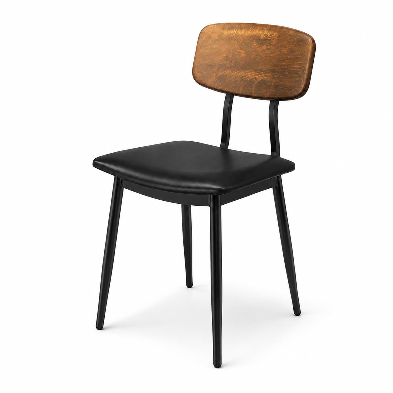 Glownary Mid-Century Dining Chair, Black Metal Frame with Vinyl Padded Seat, Brown Wood Backrest, 17.5x18.5x32.5 Inches, 300 lb Capacity