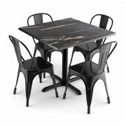 Glownary Square Dining Table Set with 4 Black Alloy Chairs, Smooth Letizia Laminate Top, Steel Frame, 36x36 Inch, Indoor Outdoor Use