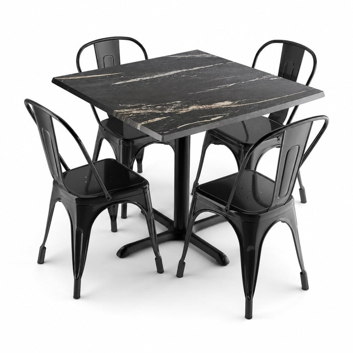 Glownary Square Dining Table Set with 4 Black Alloy Chairs, Smooth Letizia Laminate Top, Steel Frame, 36x36 Inch, Indoor Outdoor Use