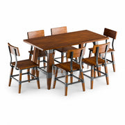Glownary Industrial Dining Table Set with 6 Chairs, Rustic Walnut Solid Wood, Live Edge, 60 x 30 Inch Trestle Table, Standard Height, Beechwood Seats