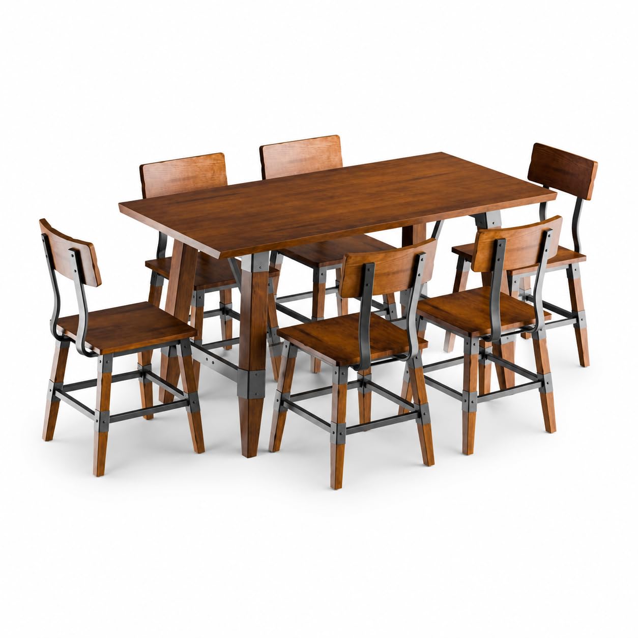 Glownary Industrial Dining Table Set with 6 Chairs, Rustic Walnut Solid Wood, Live Edge, 60 x 30 Inch Trestle Table, Standard Height, Beechwood Seats