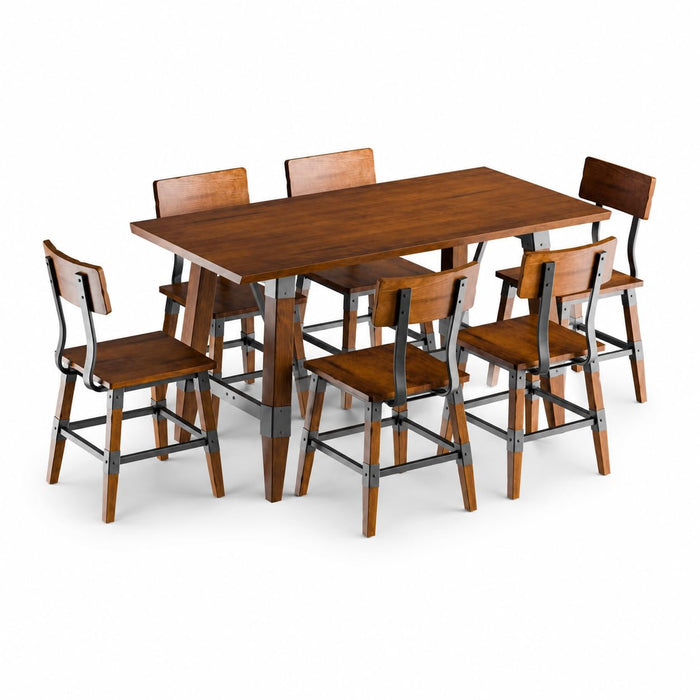 Glownary Industrial Dining Table Set with 6 Chairs, Rustic Walnut Solid Wood, Live Edge, 60 x 30 Inch Trestle Table, Standard Height, Beechwood Seats