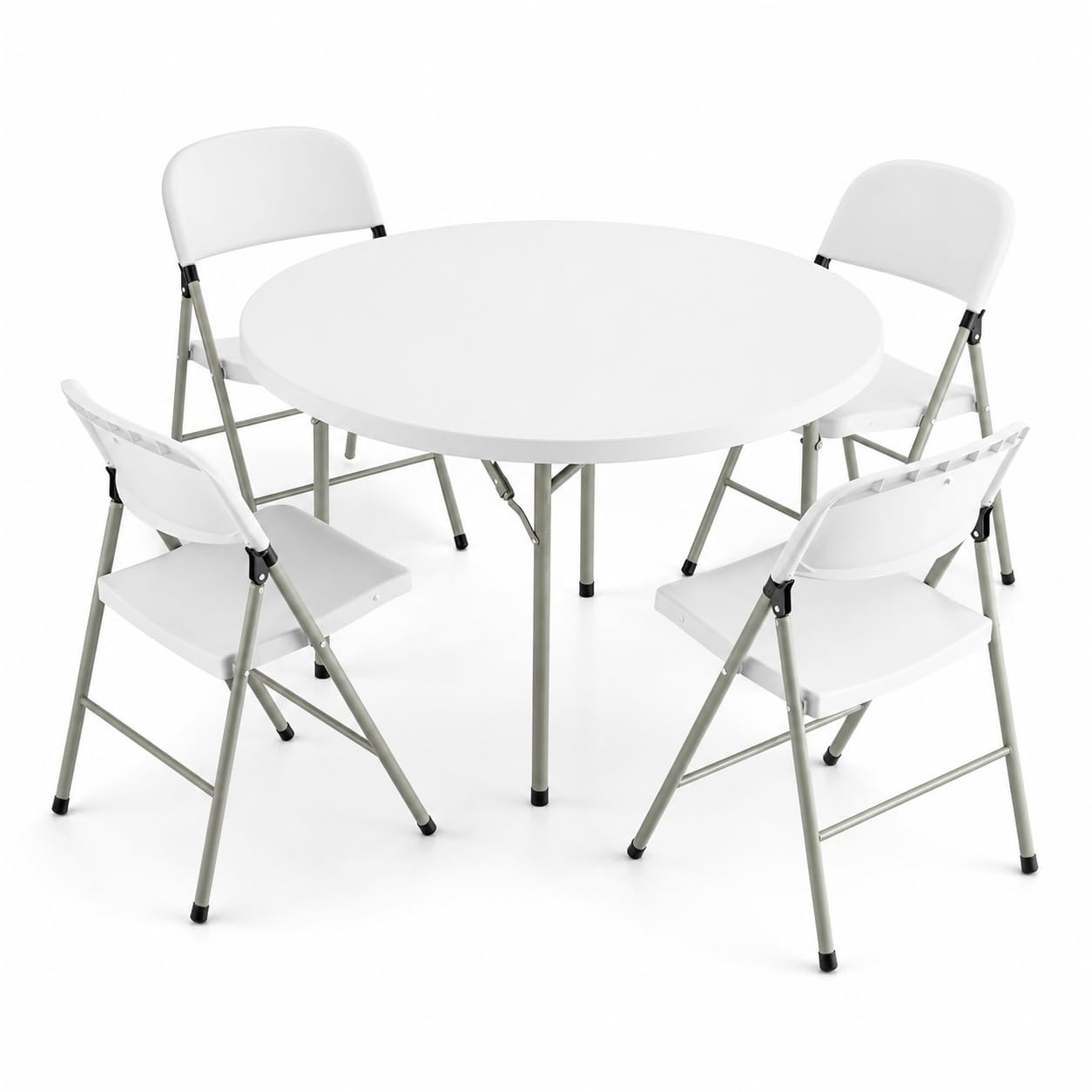 Glownary Round Folding Table Set with 4 Chairs, White Granite, Heavy-Duty Plastic, 48 Inch, Indoor Outdoor Use, 5-6 Seating Capacity
