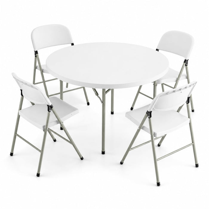 Glownary Round Folding Table Set with 4 Chairs, White Granite, Heavy-Duty Plastic, 48 Inch, Indoor Outdoor Use, 5-6 Seating Capacity