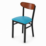 Glownary Boomerang Chair, Black Metal Frame with Blue Vinyl Padded Seat, Antique Walnut Wood Back, Mid-Century Style, Indoor Commercial Dining, 32 Inch Height