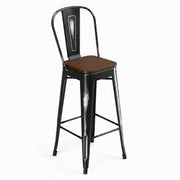 Glownary Alloy Industrial Cafe Barstool, Distressed Onyx Black Steel Frame with Walnut Wood Seat, Bar Height 46.5 Inch, Indoor Use