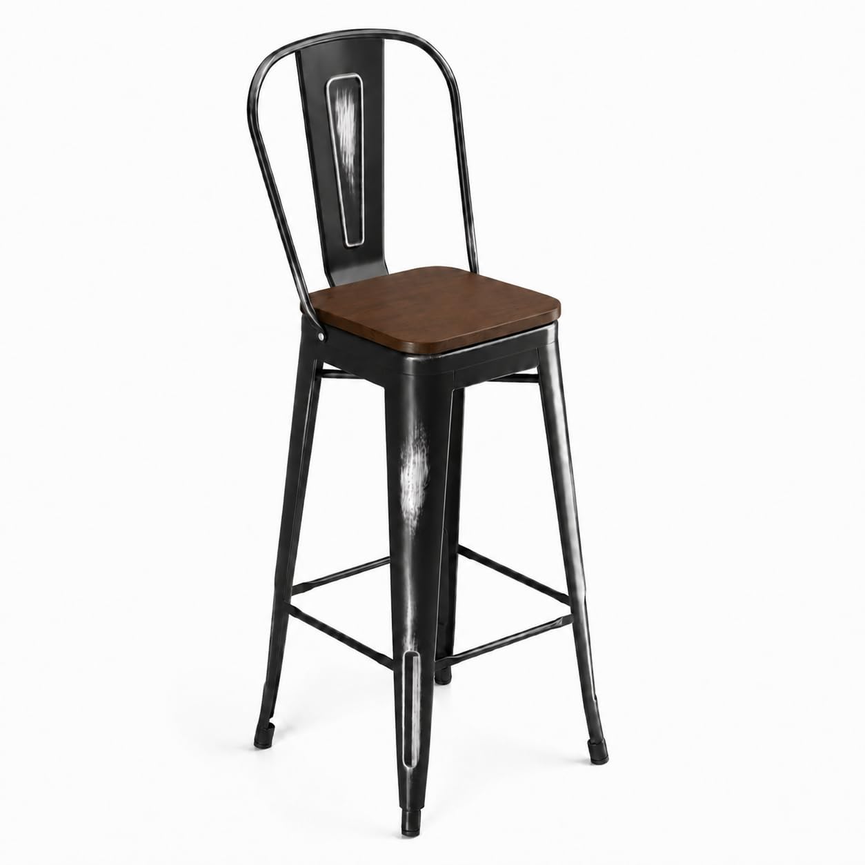 Glownary Alloy Industrial Cafe Barstool, Distressed Onyx Black Steel Frame with Walnut Wood Seat, Bar Height 46.5 Inch, Indoor Use