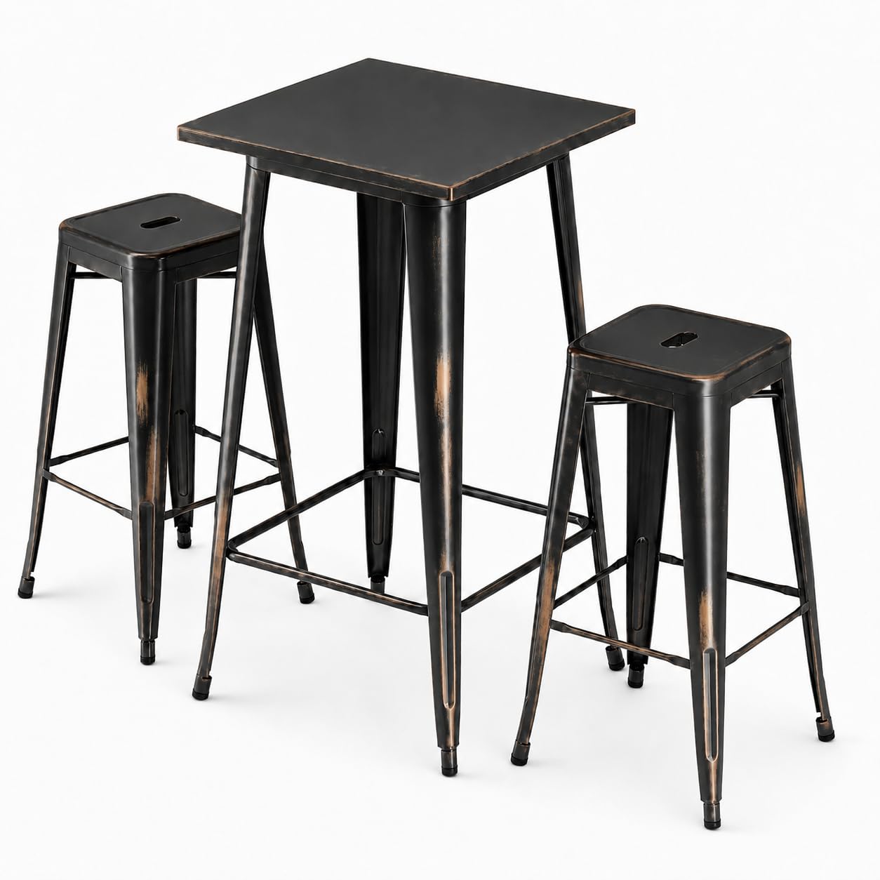 Glownary Alloy Bar Height Outdoor Table Set, Distressed Copper, Steel, 23.5x23.5 Inch Table with 2 Stackable Backless Barstools, Indoor Outdoor Use