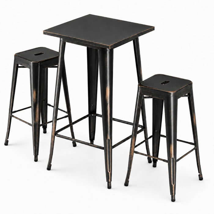 Glownary Alloy Bar Height Outdoor Table Set, Distressed Copper, Steel, 23.5x23.5 Inch Table with 2 Stackable Backless Barstools, Indoor Outdoor Use