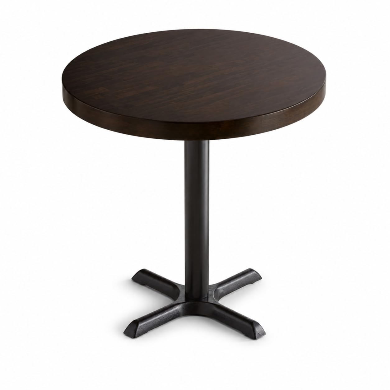 Glownary Round Wood Butcher Block Table, Espresso Brown, 30 Inch Standard Height, Cast Iron Cross Base, Indoor Restaurant, 3-4 Seating Capacity