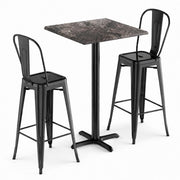 Glownary Excalibur Square Bar Height Table Set with 2 Alloy Barstools, Black Steel Frame, Paladina Gray Top, 27.5x27.5 Inch Table, Indoor Outdoor Use