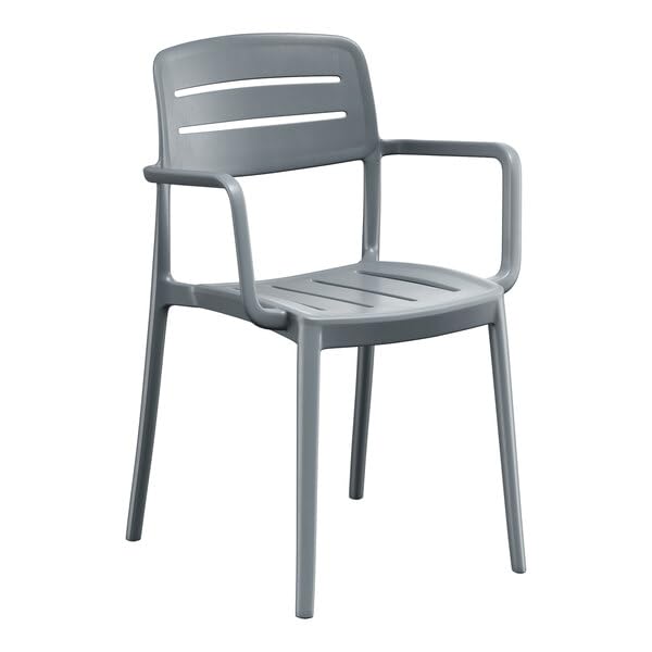 Glownary [ 4 Chairs Alto Shoreline Slate Resin Arm Chair, Gray Slat Back Design, Indoor Outdoor Dining, Stackable, 350 lb Capacity, 23.8x20.8x32.6 Inch