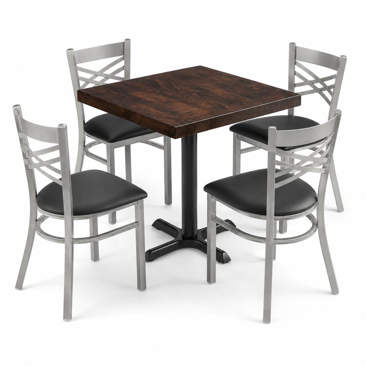 Glownary Butcher Block Dining Set, 30x30 Inch Square Table with Espresso Wood Top, Black Metal Base, 4 Cross Back Vinyl Chairs