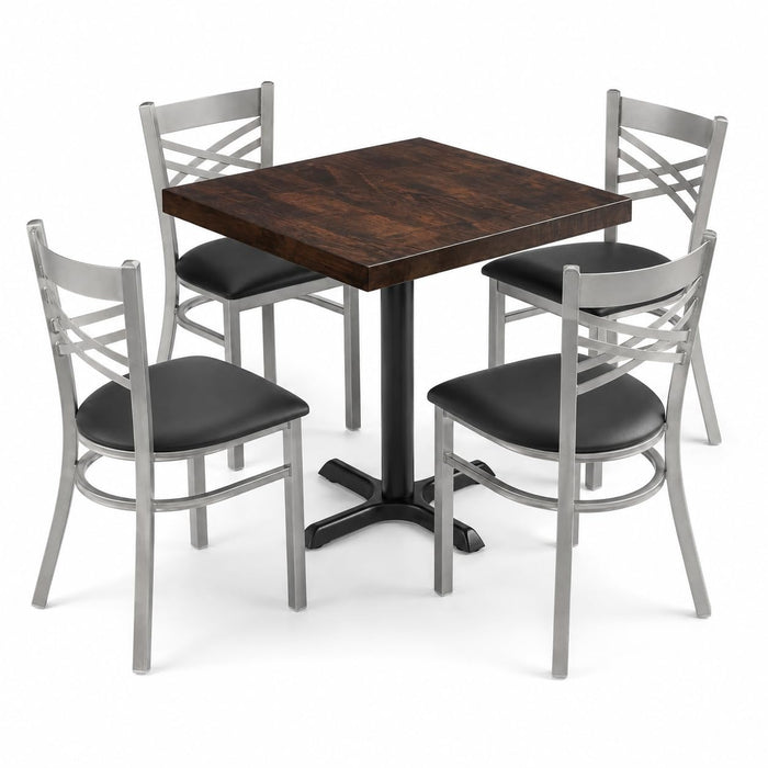 Glownary Butcher Block Dining Set, 30x30 Inch Square Table with Espresso Wood Top, Black Metal Base, 4 Cross Back Vinyl Chairs