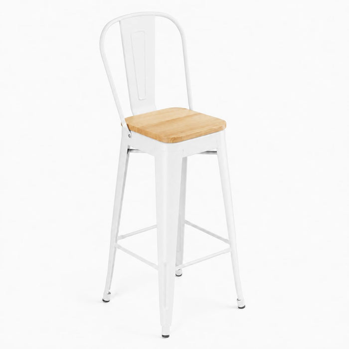 Glownary Alloy Pearl White Indoor Cafe Barstool with Natural Wood Seat, Metal Frame, 46.5 Inch Height, 400 lb Capacity