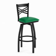 Glownary Cross Back Swivel Bar Stool, Black Steel Frame, Green Vinyl Padded Seat, 44.5 Inch Height, 330 lb Capacity, Indoor Use