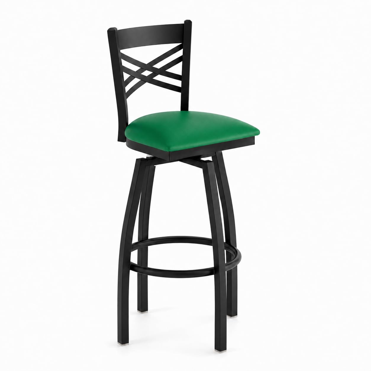 Glownary Cross Back Swivel Bar Stool, Black Steel Frame, Green Vinyl Padded Seat, 44.5 Inch Height, 330 lb Capacity, Indoor Use