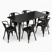 Glownary Outdoor Dining Set, Distressed Onyx Black Steel Table with 6 Arm Chairs, 63 x 31.5 Inch Rectangle, Stackable, Indoor Outdoor Use