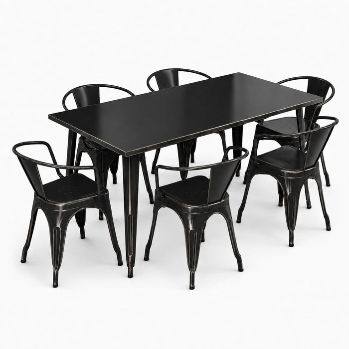 Glownary Outdoor Dining Set, Distressed Onyx Black Steel Table with 6 Arm Chairs, 63 x 31.5 Inch Rectangle, Stackable, Indoor Outdoor Use