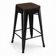 Glownary Alloy Indoor Counter Height Stool, Onyx Black Steel Frame with Walnut Wood Seat, Backless, Stackable, 24.75 Inch