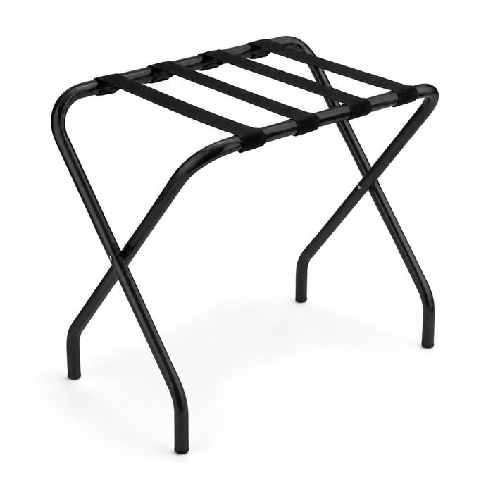 Glownary Black Metal Folding Luggage Rack, 26.75x16.25x20.75 Inches, 132 lb Capacity, with Nylon Straps for Hotels, Motels