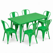 Glownary Outdoor Dining Set, Jade Green Steel Table with 6 Cafe Chairs, 63 x 31.5 Inch Rectangle, Stackable Chairs, Indoor Outdoor Use