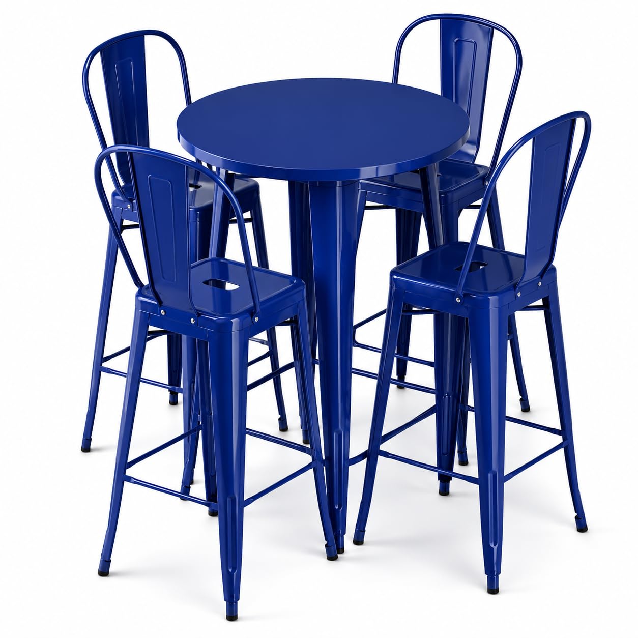 Glownary Alloy Round Bar Height Outdoor Table Set, Sapphire Blue Steel, 30 Inch with 4 Cafe Barstools, Indoor Outdoor Use