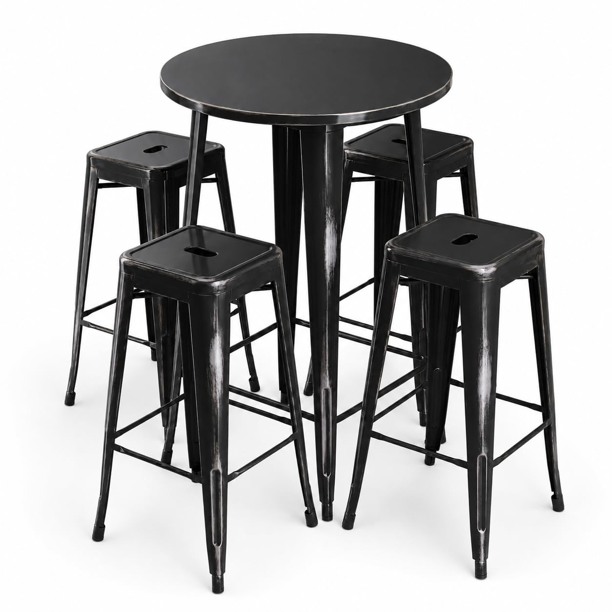 Glownary Alloy Round Bar Height Outdoor Table Set with 4 Backless Barstools, Distressed Onyx Black, Steel, 30 Inch Diameter, Stackable, Indoor Outdoor Use