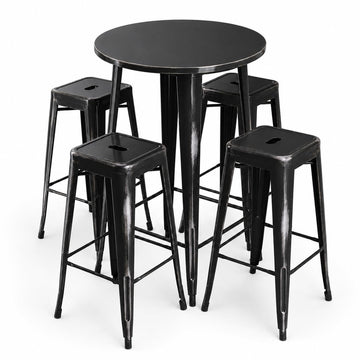 Glownary Alloy Round Bar Height Outdoor Table Set with 4 Backless Barstools, Distressed Onyx Black, Steel, 30 Inch Diameter, Stackable, Indoor Outdoor Use