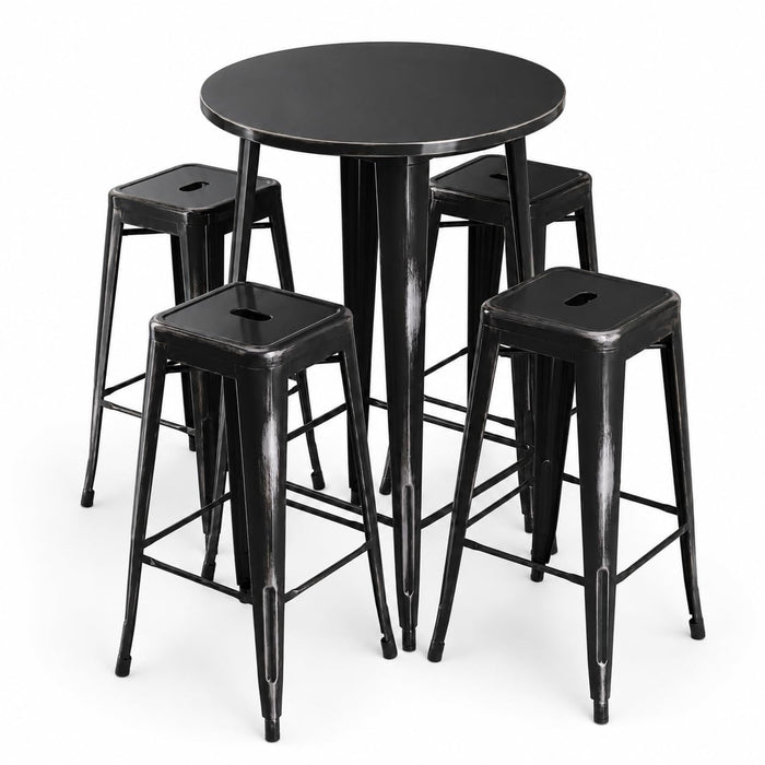 Glownary Alloy Round Bar Height Outdoor Table Set with 4 Backless Barstools, Distressed Onyx Black, Steel, 30 Inch Diameter, Stackable, Indoor Outdoor Use