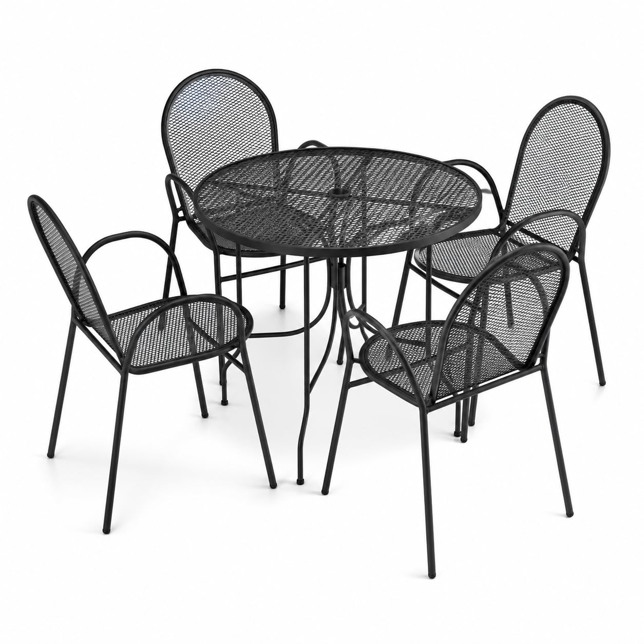 Glownary Harbor Black Round Outdoor Dining Set with 36-Inch Table, 4 Mesh Arm Chairs, Steel Frame, Ornate Legs, Stackable