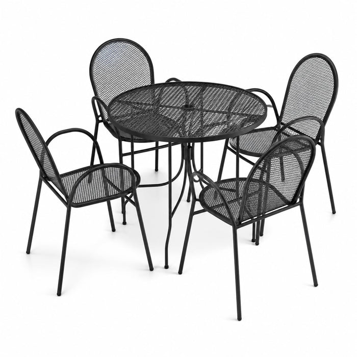 Glownary Harbor Black Round Outdoor Dining Set with 36-Inch Table, 4 Mesh Arm Chairs, Steel Frame, Ornate Legs, Stackable