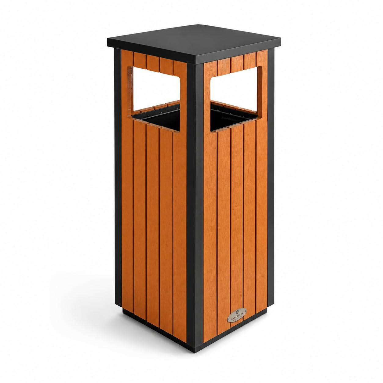 Glownary Square Outdoor Trash Can, Steel Wood Composite, Black Brown, 11 Gallon, Covered Top with Security Cable, 13.75x13.75x31.5 Inch