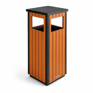 Glownary Square Outdoor Trash Can, Steel Wood Composite, Black Brown, 11 Gallon, Covered Top with Security Cable, 13.75x13.75x31.5 Inch