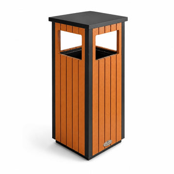 Glownary Square Outdoor Trash Can, Steel Wood Composite, Black Brown, 11 Gallon, Covered Top with Security Cable, 13.75x13.75x31.5 Inch