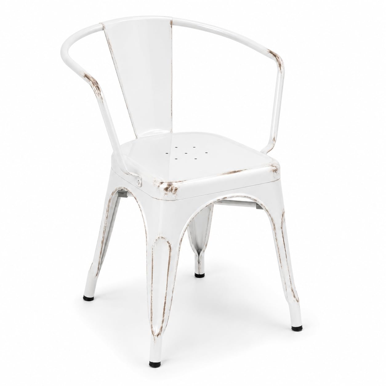 Glownary Distressed Pearl White Steel Outdoor Arm Chair, Stackable, 400 lb Capacity, Indoor/Outdoor Use, 21x17.5x28.5 Inches