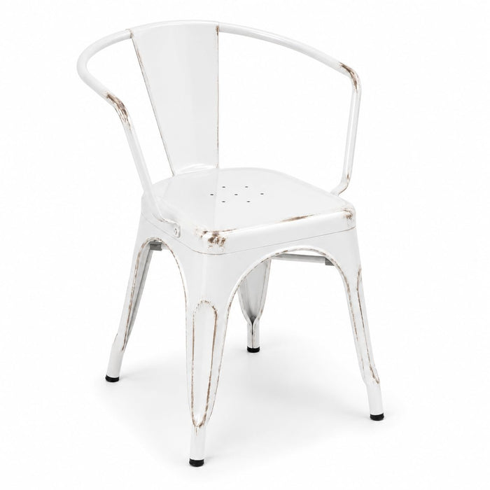 Glownary Distressed Pearl White Steel Outdoor Arm Chair, Stackable, 400 lb Capacity, Indoor/Outdoor Use, 21x17.5x28.5 Inches