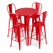 Glownary Alloy Round Bar Height Table Set with 4 Cafe Barstools, Ruby Red Steel, 30 Inch, Indoor Outdoor