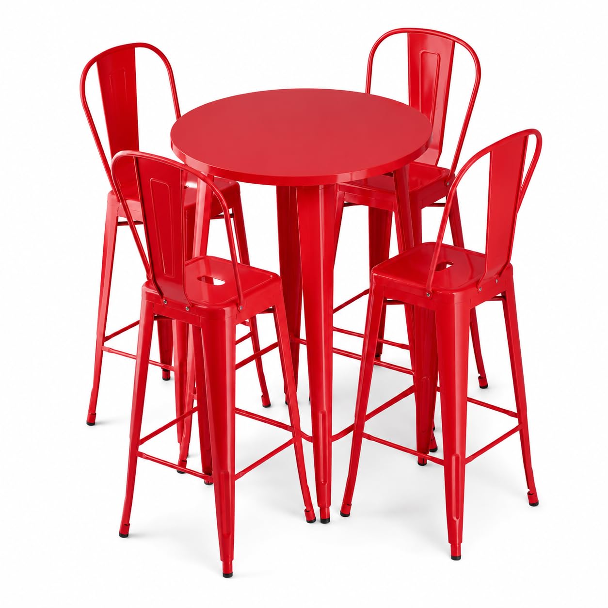 Glownary Alloy Round Bar Height Table Set with 4 Cafe Barstools, Ruby Red Steel, 30 Inch, Indoor Outdoor