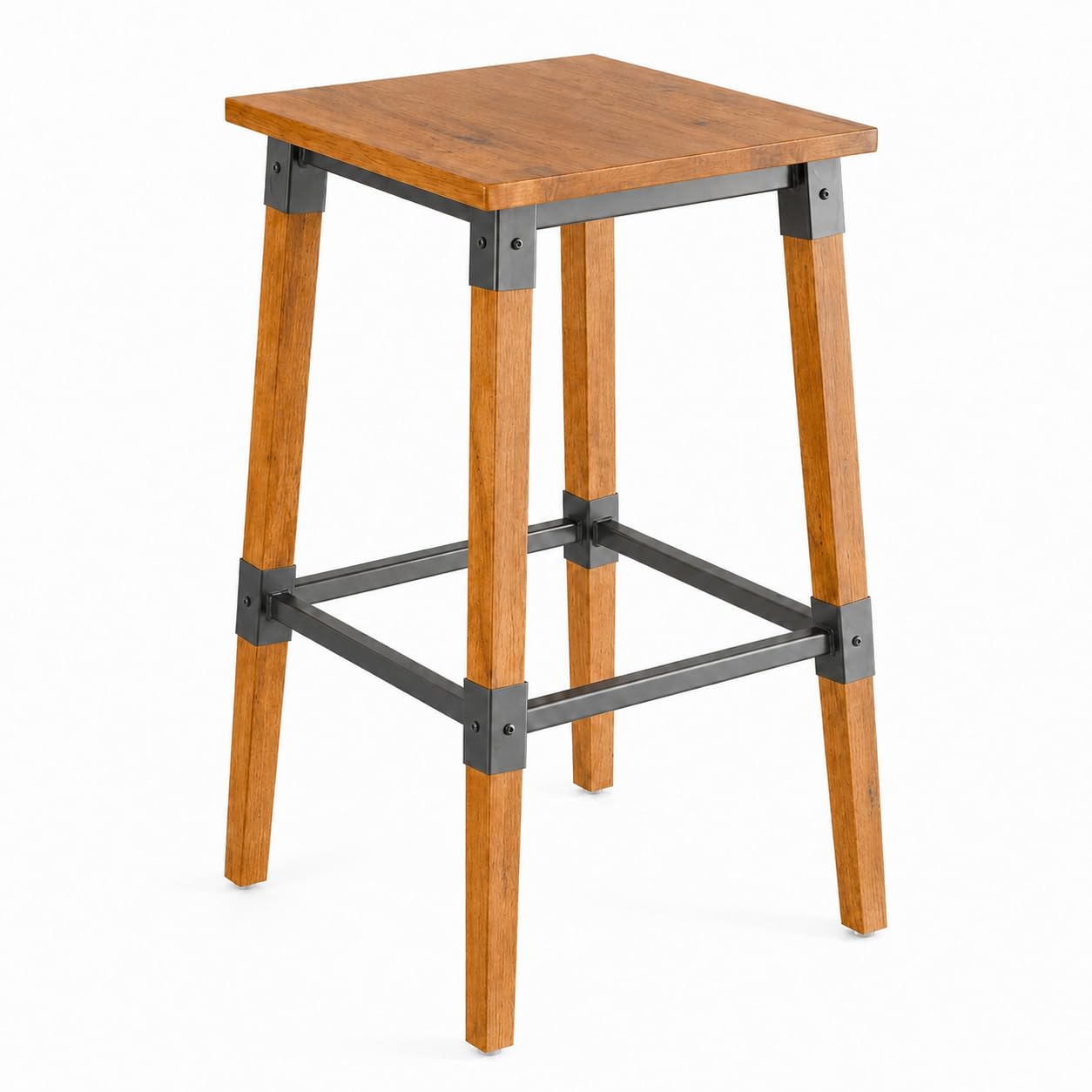 Glownary Industrial Bar Stool, Honey Maple Wood Seat with Black Steel Frame, Backless, 28.5 Inch Height, 350 lb Capacity, Indoor Use