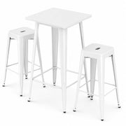 Glownary Bar Height Outdoor Table Set, Pearl White Steel, 23.5x23.5 Inch Square Table with 2 Stackable Backless Barstools, Indoor Outdoor Use