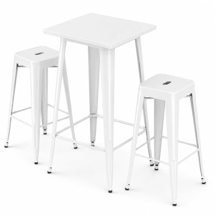 Glownary Bar Height Outdoor Table Set, Pearl White Steel, 23.5x23.5 Inch Square Table with 2 Stackable Backless Barstools, Indoor Outdoor Use