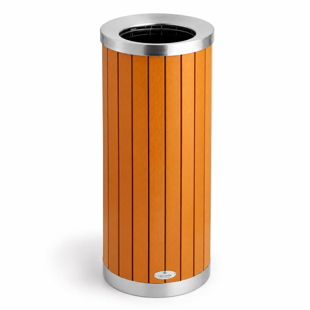 Glownary Lancaster Table & Seating Round Decorative Trash Can, Steel & Wood Composite, Brown & Silver, 13.5 Gallon, Open Top, Outdoor Use, 15x33.7 Inch