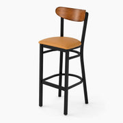 Glownary Boomerang Bar Stool, Black Steel Frame with Light Brown Vinyl Seat, Antique Walnut Wood Back, 43.38 Inch Height, 330 lb Capacity, Mid-Century Style, Indoor Use