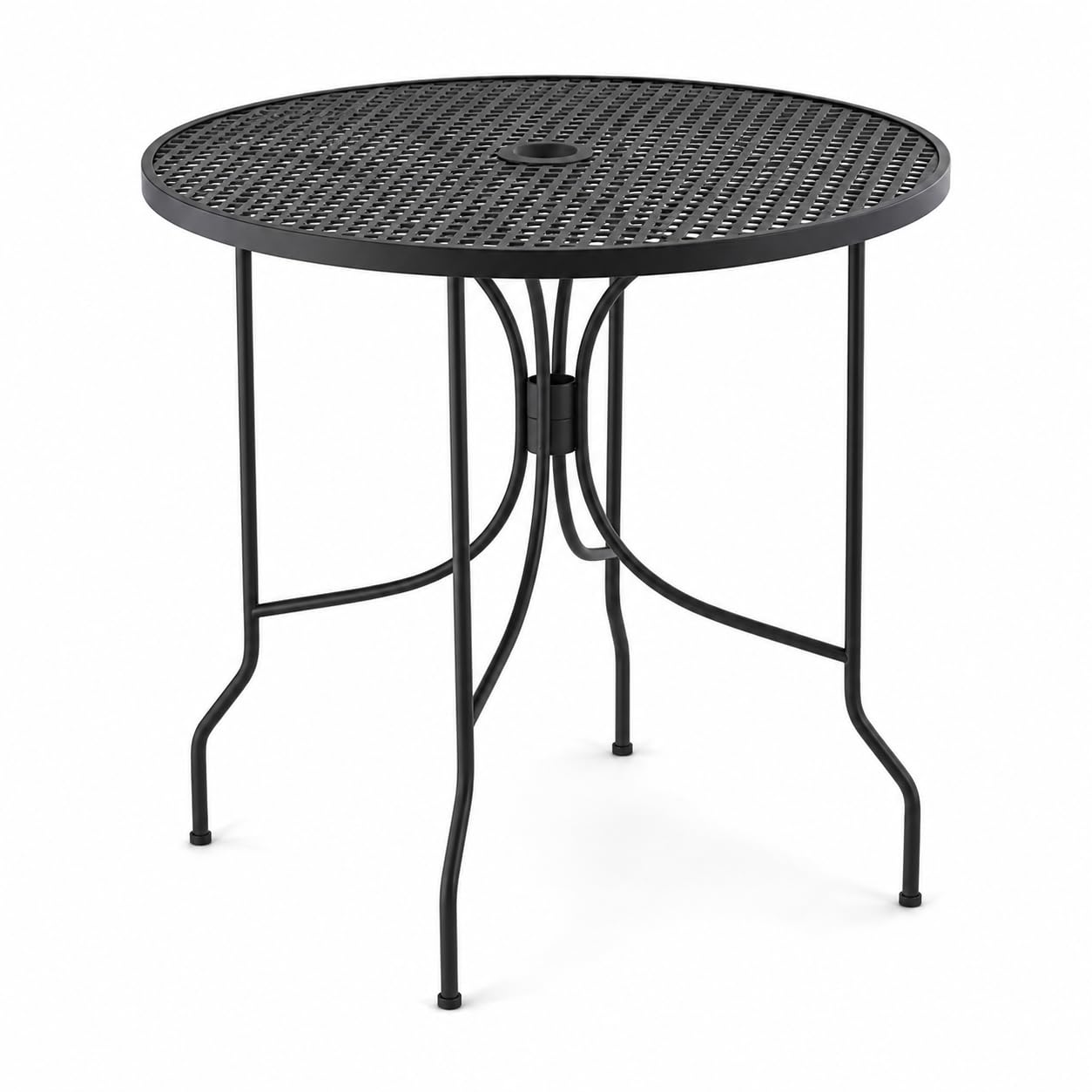 Glownary Harbor Round Outdoor Dining Table, Black Steel Mesh, 30 Inch, Standard Height with Ornate Legs, Umbrella Hole, 3-4 Seating